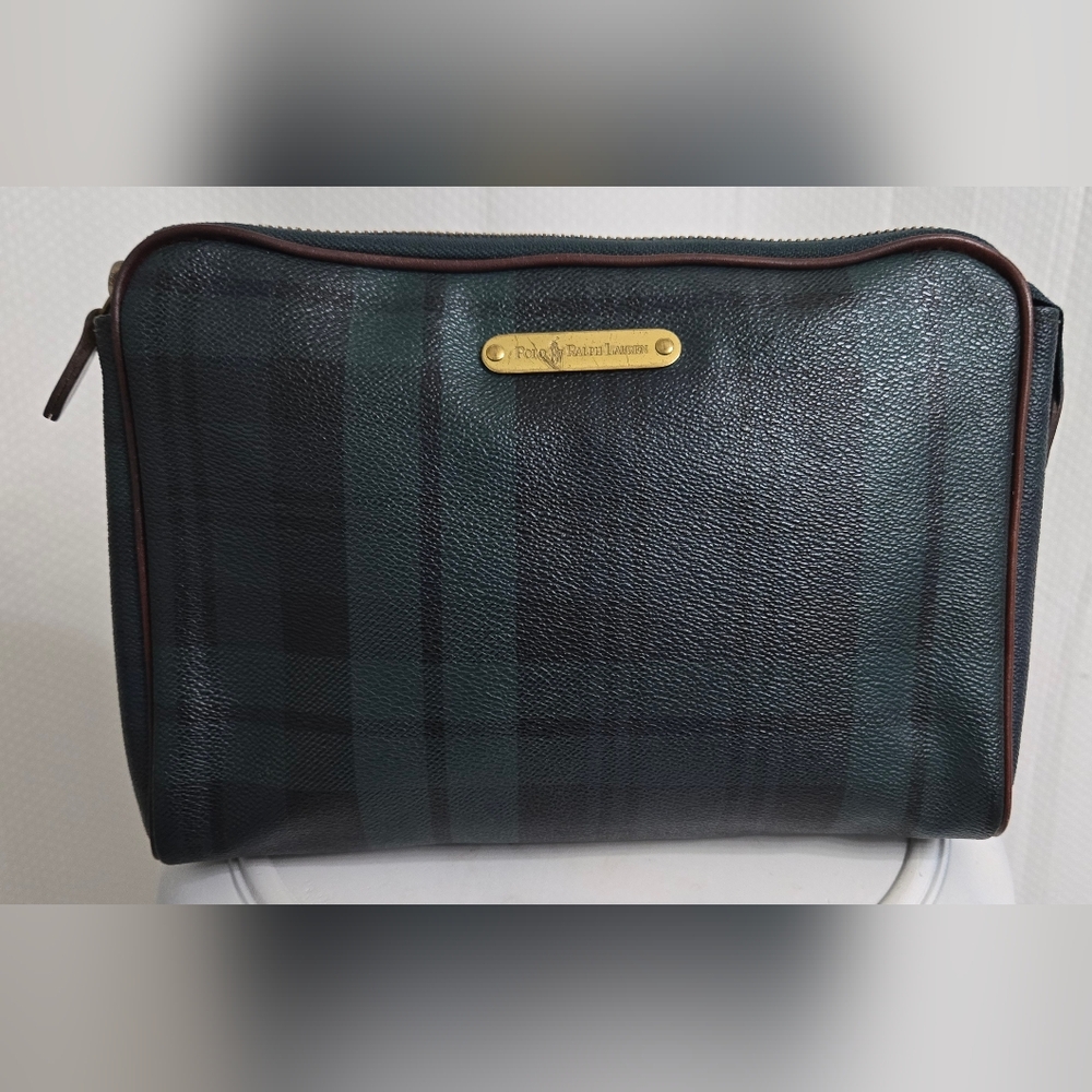 EUC Vintage Polo by Ralph Lauren Unisex Black & Dark Green Plaid Leather Pouch